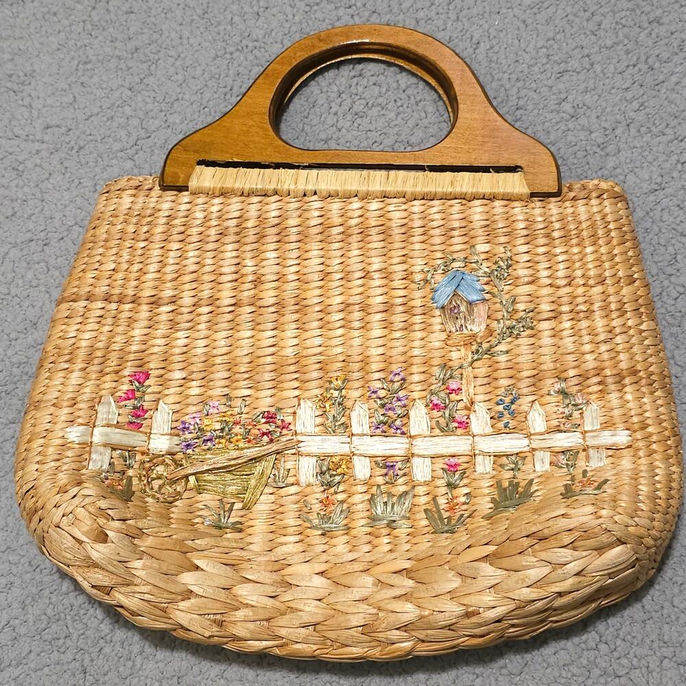 Vintage Cappelli Straw Handbag Wood Handles Floral Lined Woven Purse Cottagecore